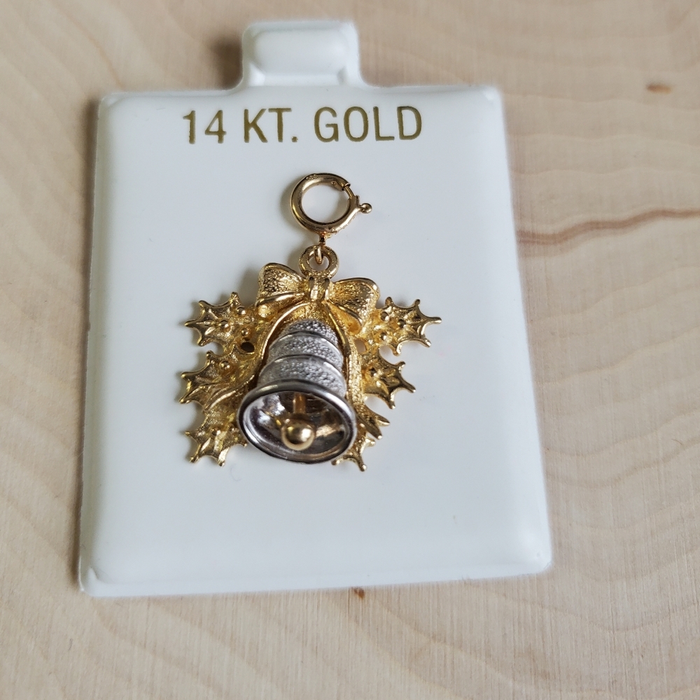 Heavy 14K Solid Gold Bell and Mistletoe Christmas Charm / Memory Charm